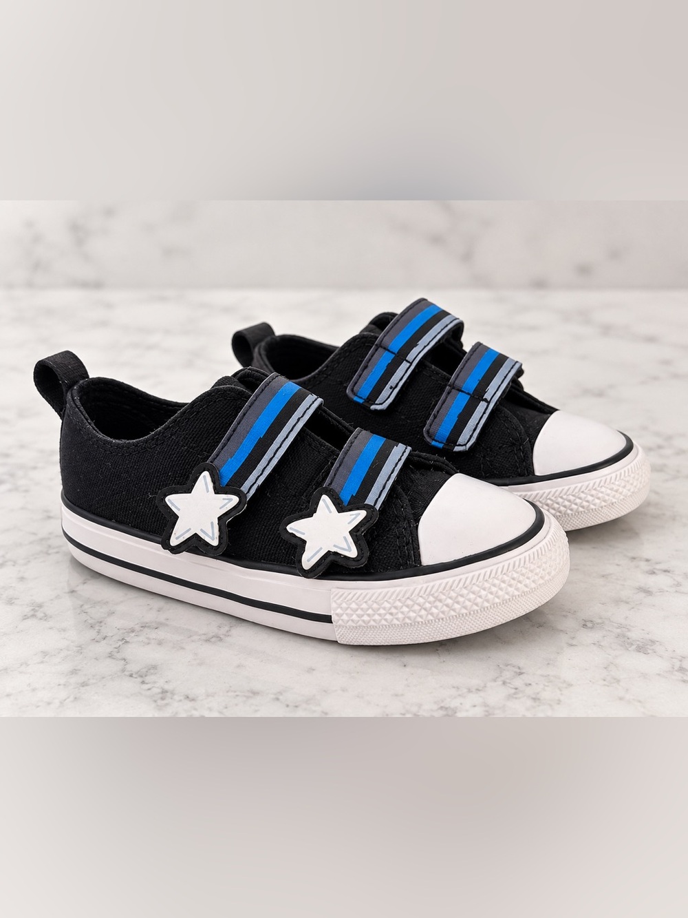 Converse Kids Black Canvas Sneakers with Blue Striped Straps